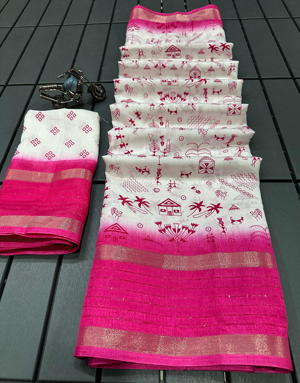 Rani Pink & White Crape Silk Saree With Printed & Sequence Border