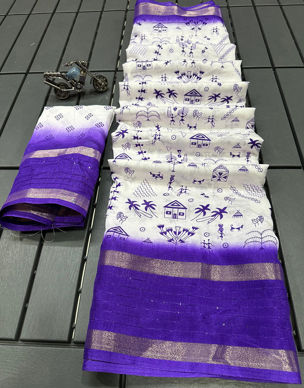 Purple & White Crape Silk Saree With Printed & Sequence Border