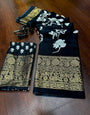 Black Dola Silk Saree With Foil Printed & Weaving Work