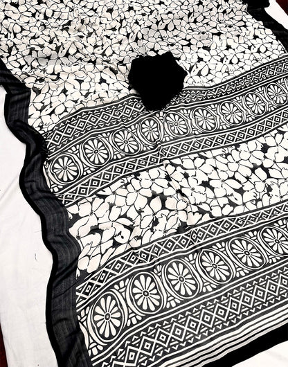 White & Black Silk Saree With Flower Printed Work