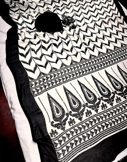 White & Black Silk Saree With Printed Work