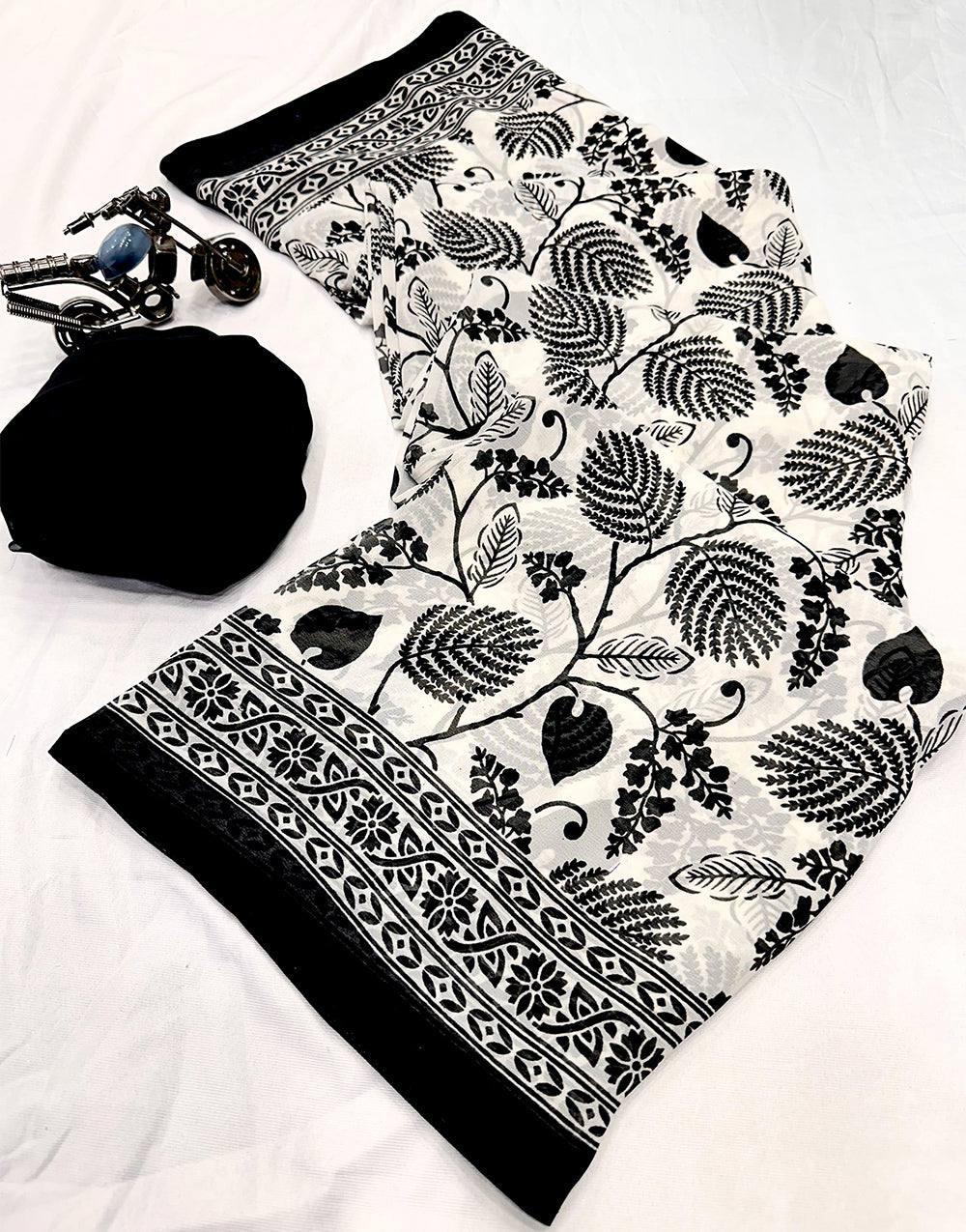 White & Black Silk Saree With Printed Work