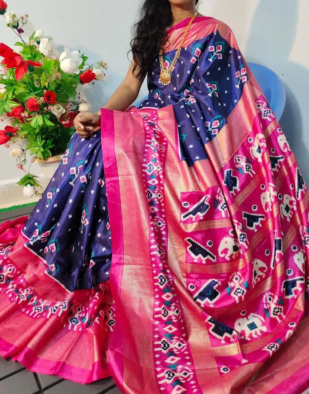 Pink & Blue Dola Silk Patola Printed Saree