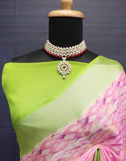 Pink & Light Green Moss Chiffon Saree With Weaving Border