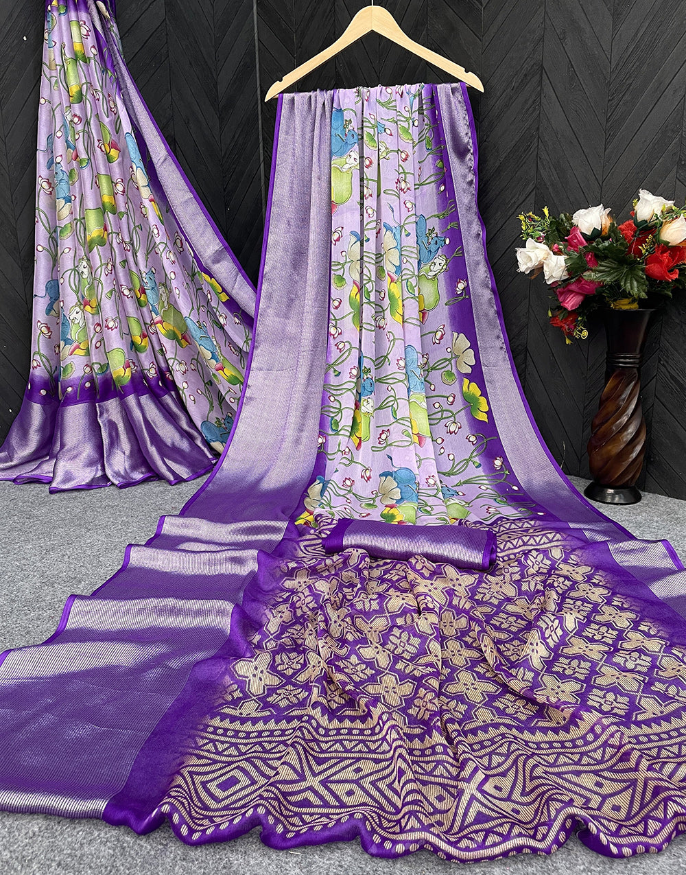 Purple Moss Chiffon Saree With Weaving Border