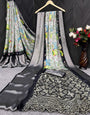 Black & White Moss Chiffon Saree With Weaving Border