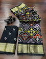 Black Soft Dola Silk With Printed & Zari Weaving Work