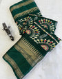 Bottle Green Dola Silk Saree With Printed Work