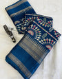 Navy Blue Dola Silk Saree With Printed Work