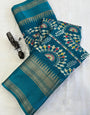 Teal Blue Dola Silk Saree With Printed Work