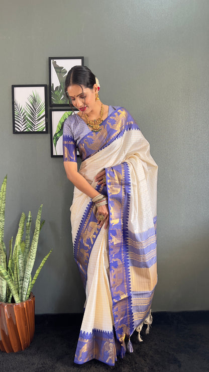 Ethnic Motifs Woven Design Zari Cheks Kanjeevaram Silk Saree Just Wear 1.Min