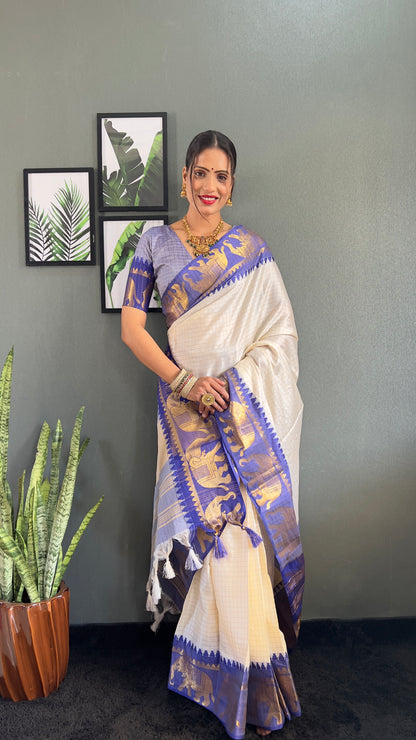 Ethnic Motifs Woven Design Zari Cheks Kanjeevaram Silk Saree Just Wear 1.Min