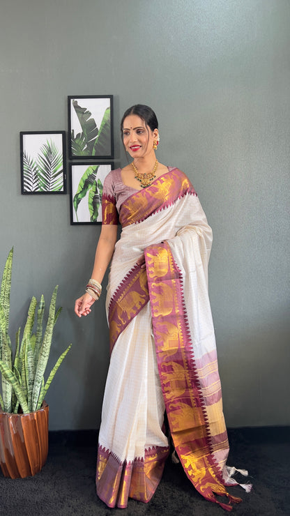 Ethnic Motifs Woven Design Zari Cheks Kanjeevaram Silk Saree Just Wear 1.Min