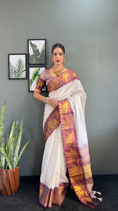 Ethnic Motifs Woven Design Zari Cheks Kanjeevaram Silk Saree Just Wear 1.Min