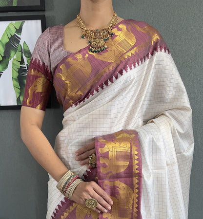 Ethnic Motifs Woven Design Zari Cheks Kanjeevaram Silk Saree Just Wear 1.Min