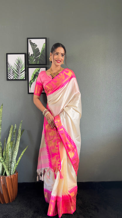 Ethnic Motifs Woven Design Zari Cheks Kanjeevaram Silk Saree Just Wear 1.Min