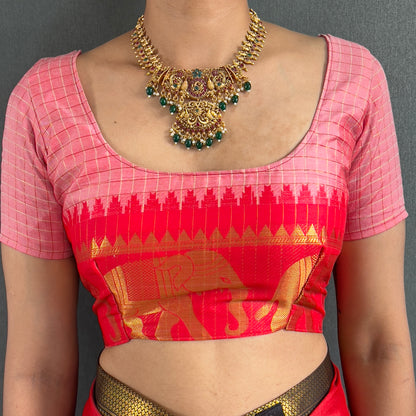 Ethnic Motifs Woven Design Zari Cheks Kanjeevaram Silk Saree Just Wear 1.Min