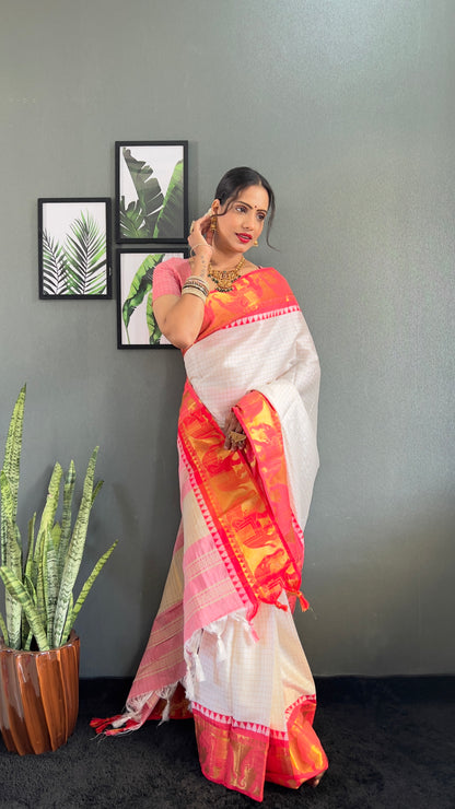 Ethnic Motifs Woven Design Zari Cheks Kanjeevaram Silk Saree Just Wear 1.Min