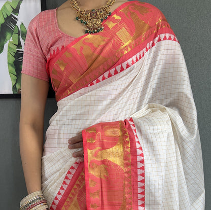 Ethnic Motifs Woven Design Zari Cheks Kanjeevaram Silk Saree Just Wear 1.Min