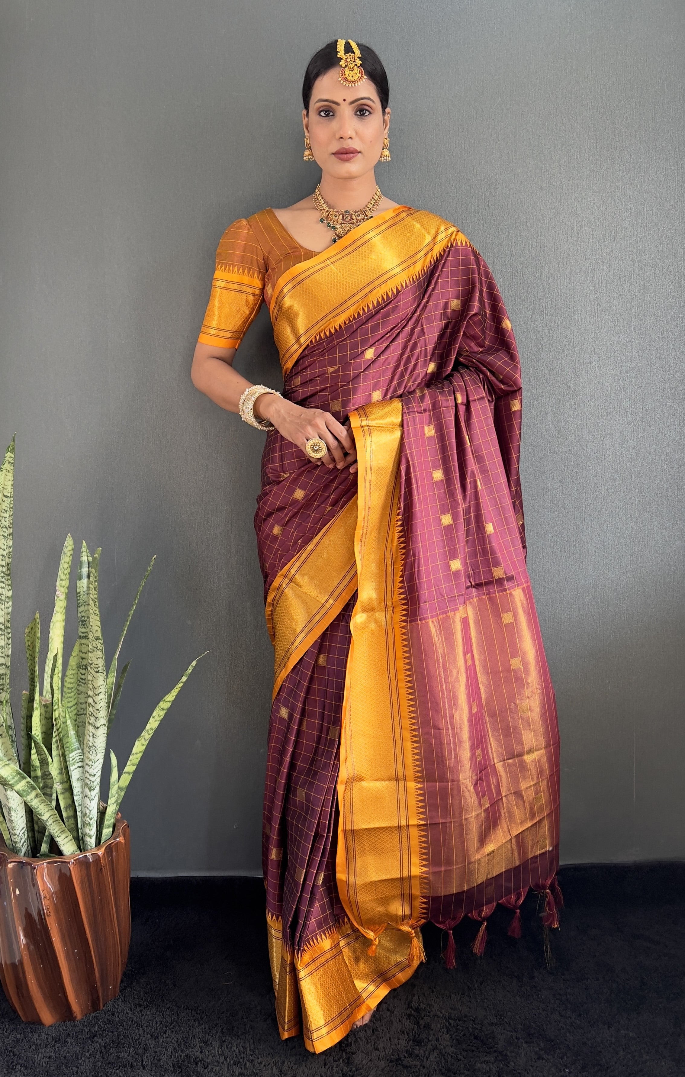 Cotton Silk Kanjivaram Chekes Pattern Ready To Wear Saree