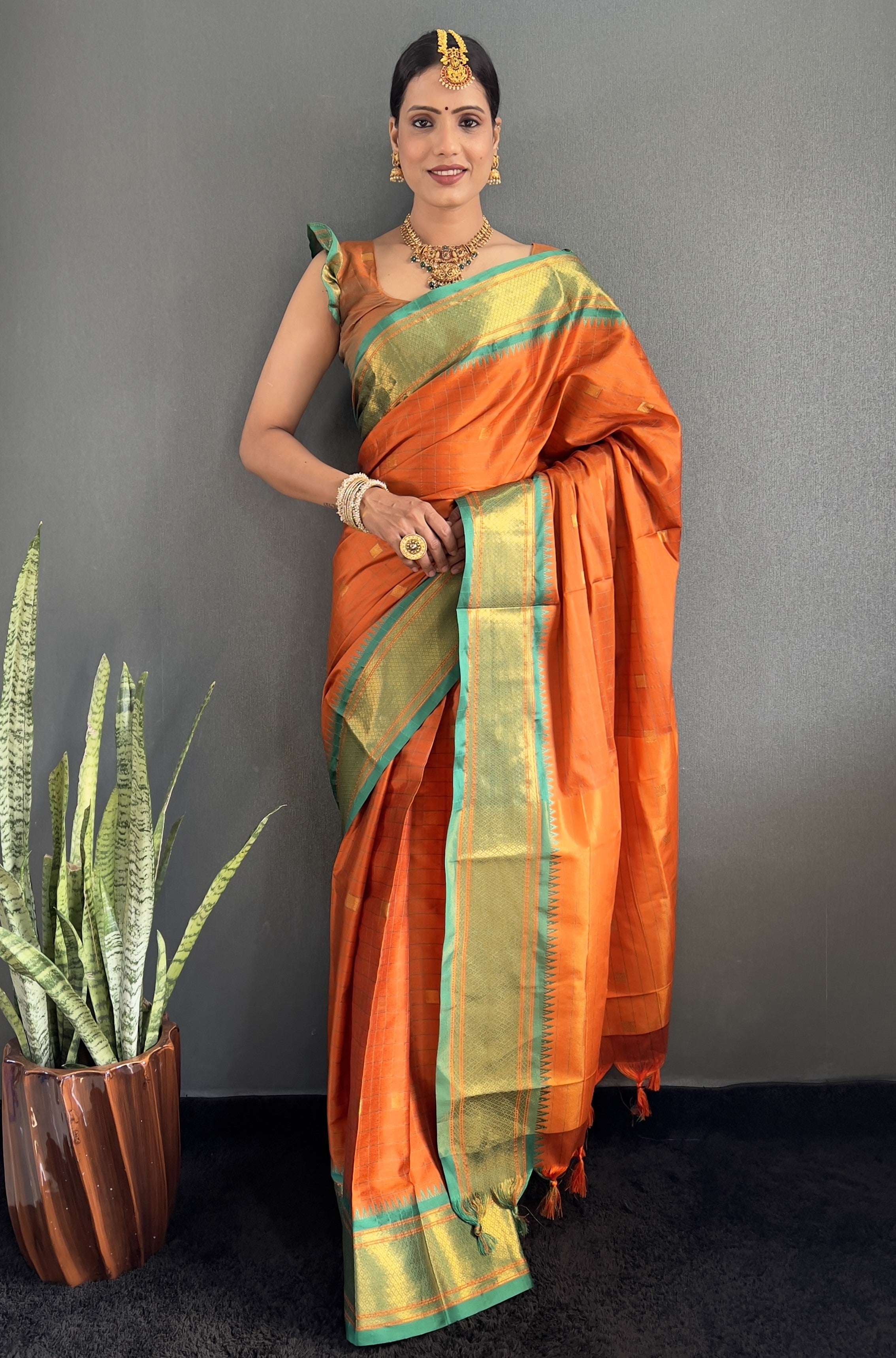 Cotton Silk Kanjivaram Chekes Pattern Ready To Wear Saree