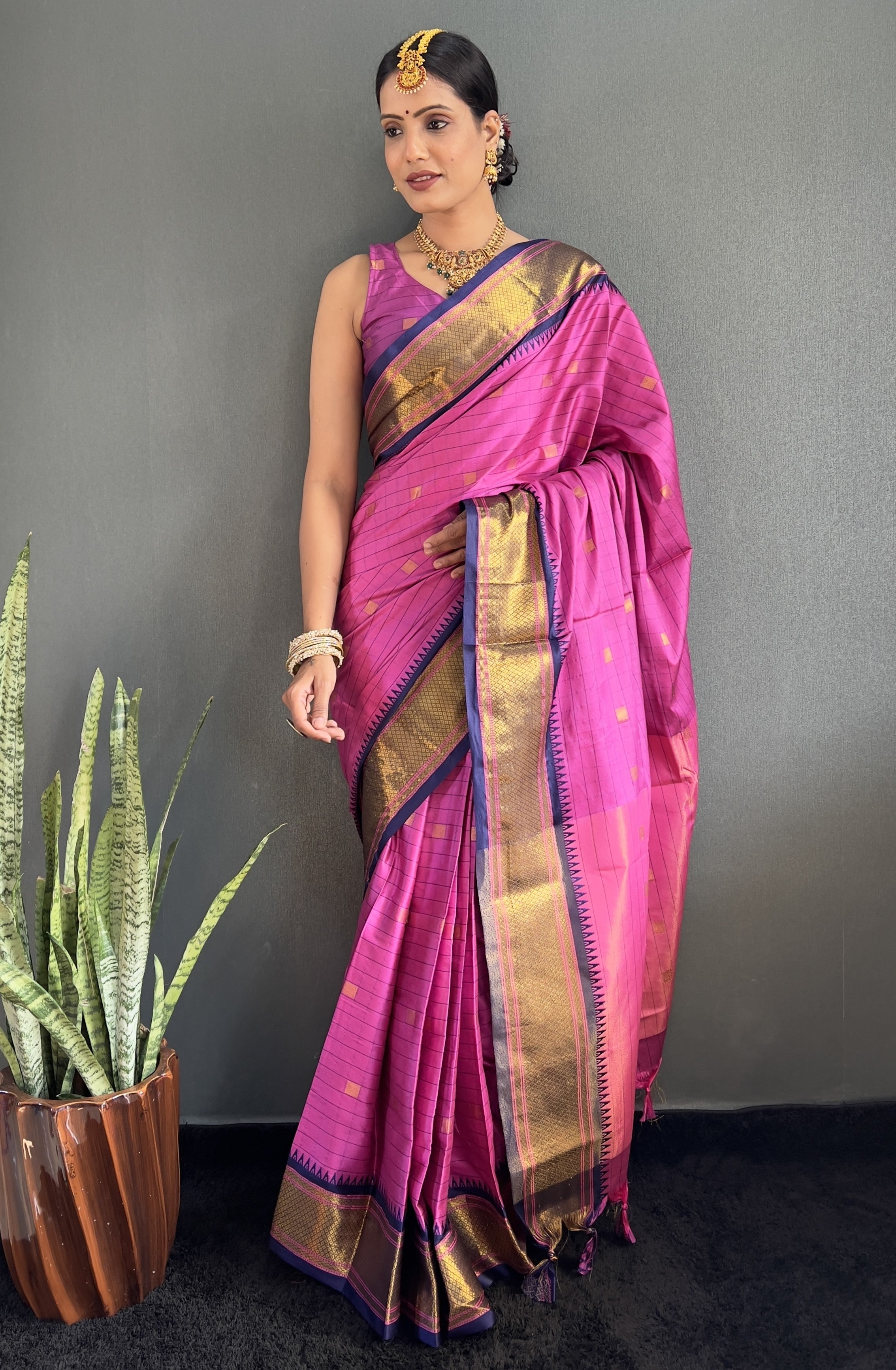 Cotton Silk Kanjivaram Chekes Pattern Ready To Wear Saree