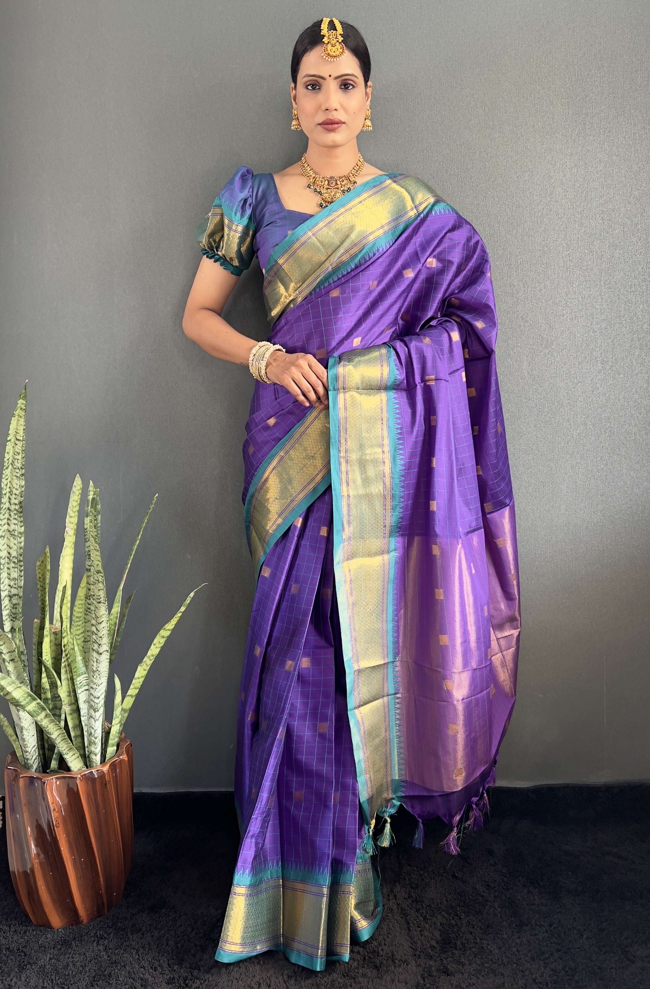 Cotton Silk Kanjivaram Chekes Pattern Ready To Wear Saree