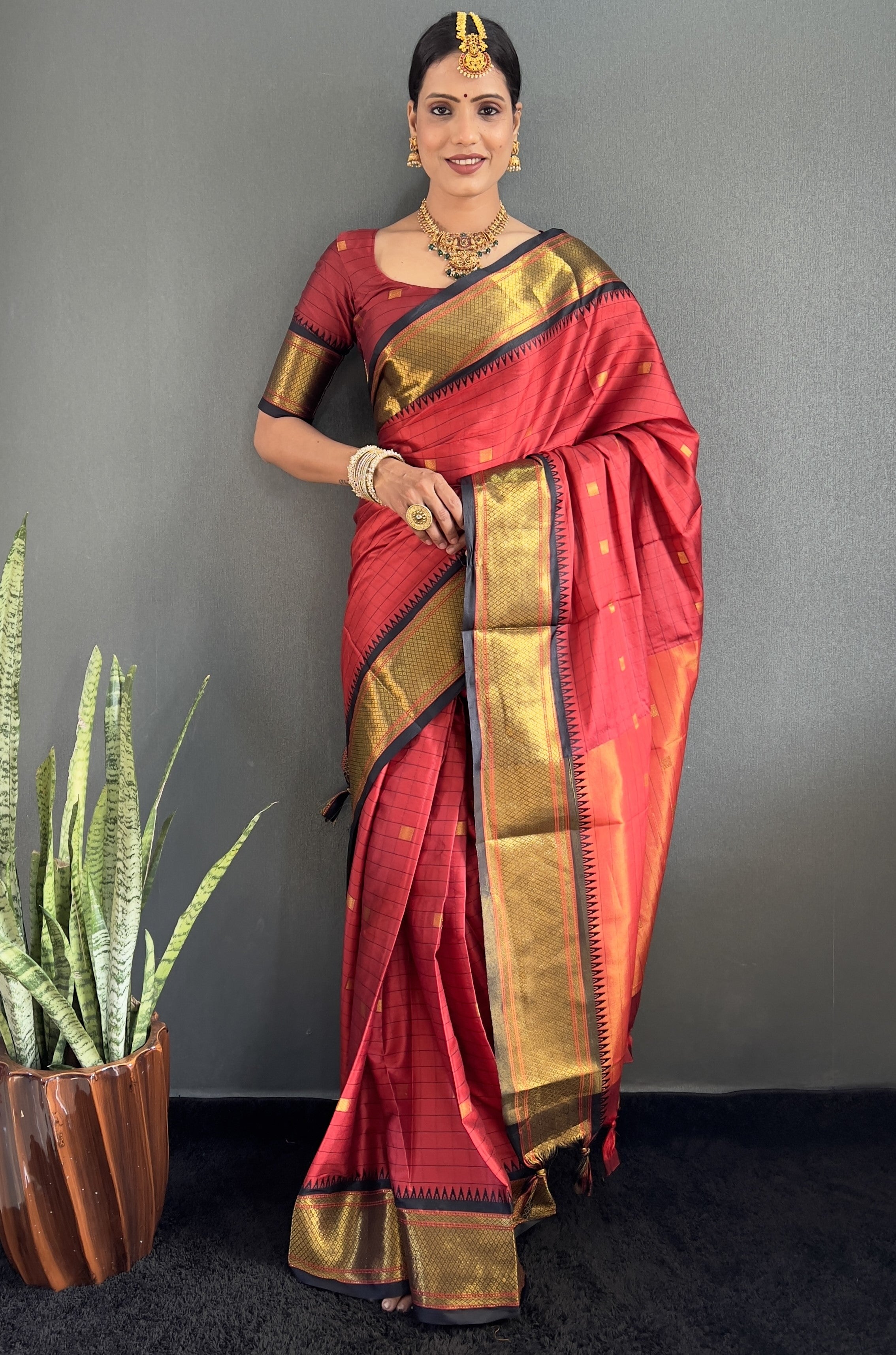 Cotton Silk Kanjivaram Chekes Pattern Ready To Wear Saree