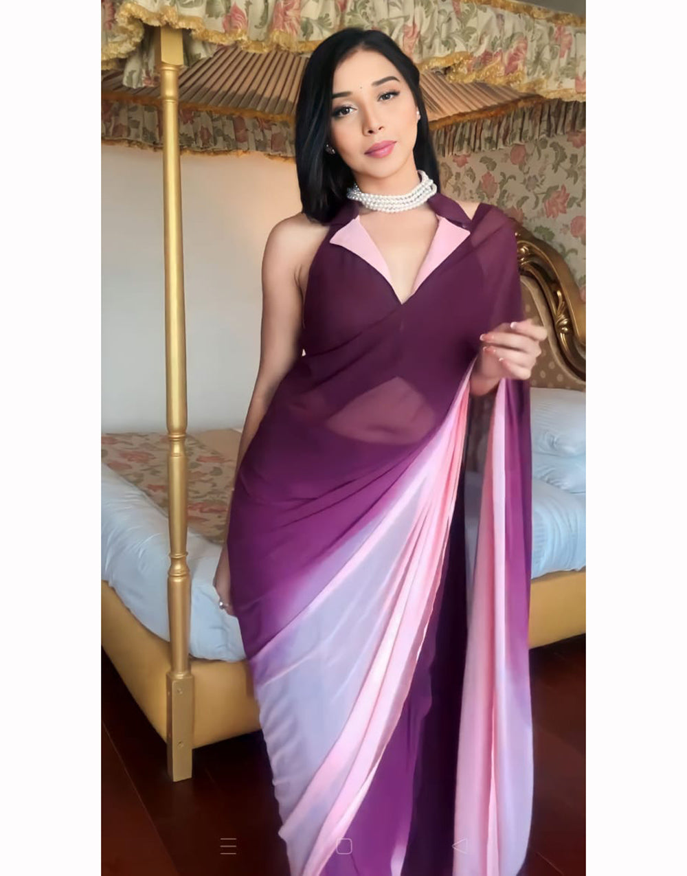 Wine Georgette Ready To Wear Saree