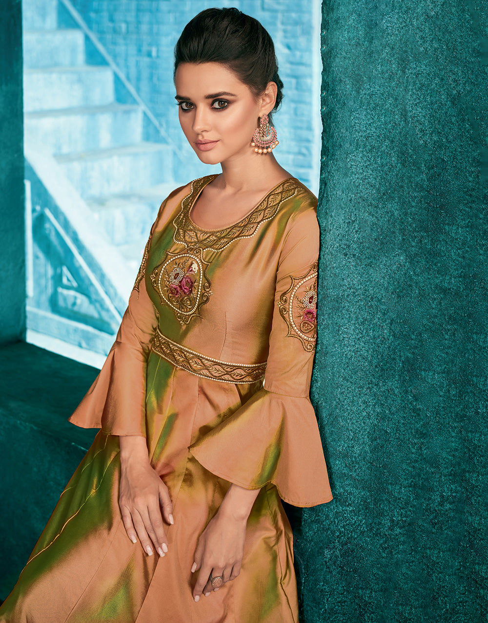 Chiku Colour Silk With Heavy Embroidery Work Gown