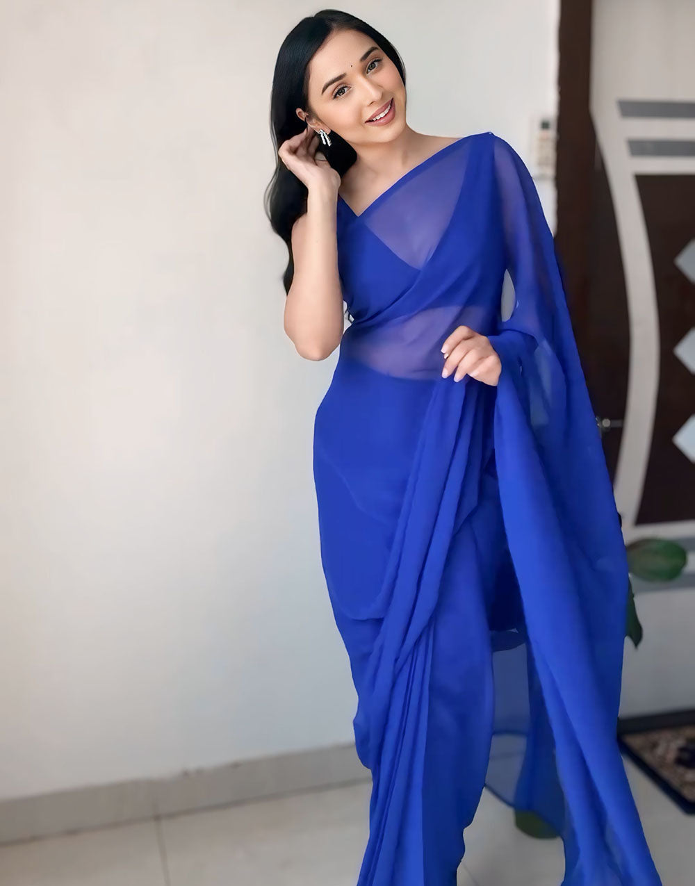 Blue Pure Soft Georgette Ready To Wear Saree