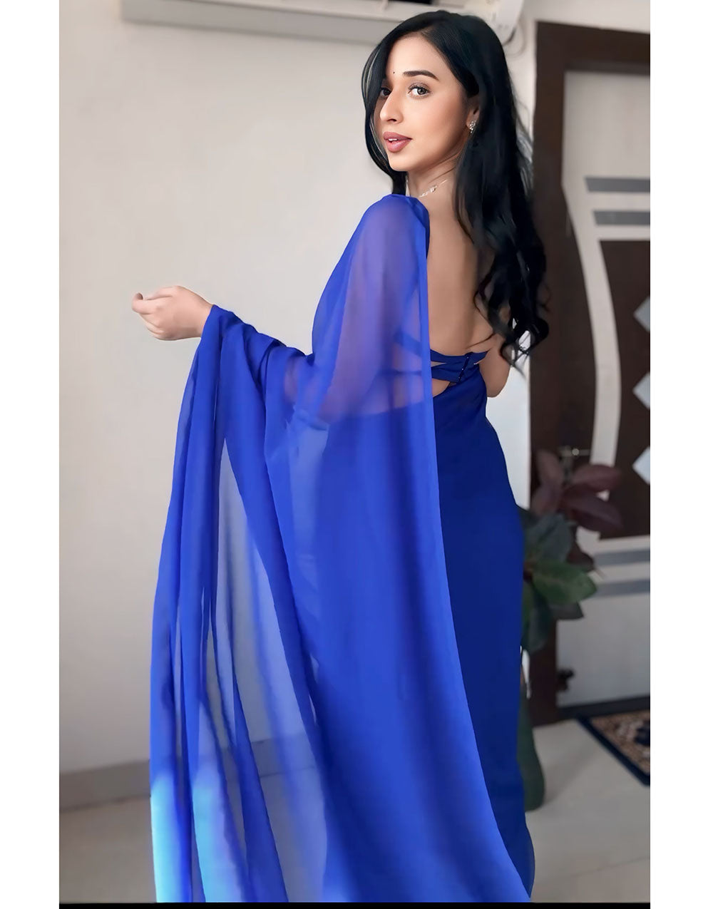 Blue Pure Soft Georgette Ready To Wear Saree