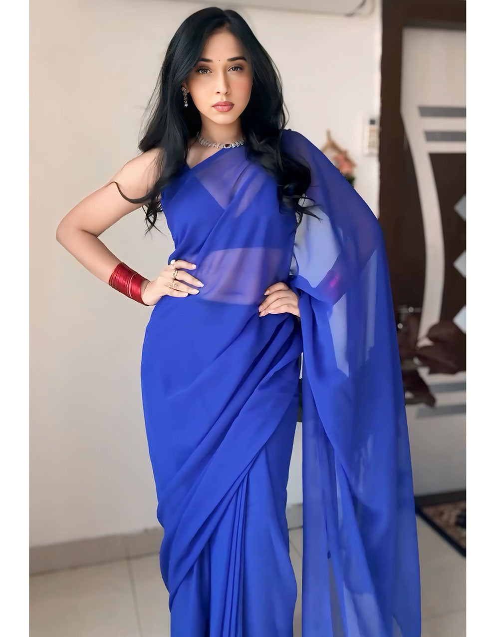 Blue Pure Soft Georgette Ready To Wear Saree