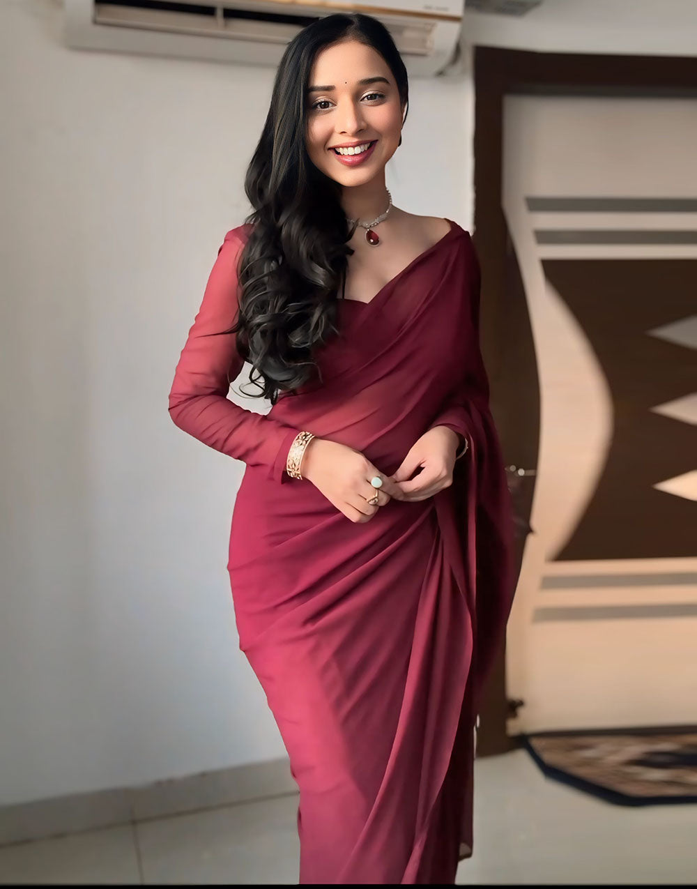 Light Maroon Pure Soft Georgette Ready To Wear Saree