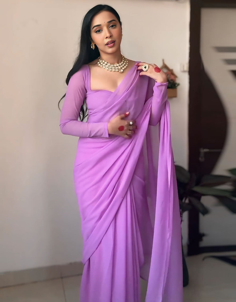 Lavender Pure Soft Georgette Ready To Wear Saree