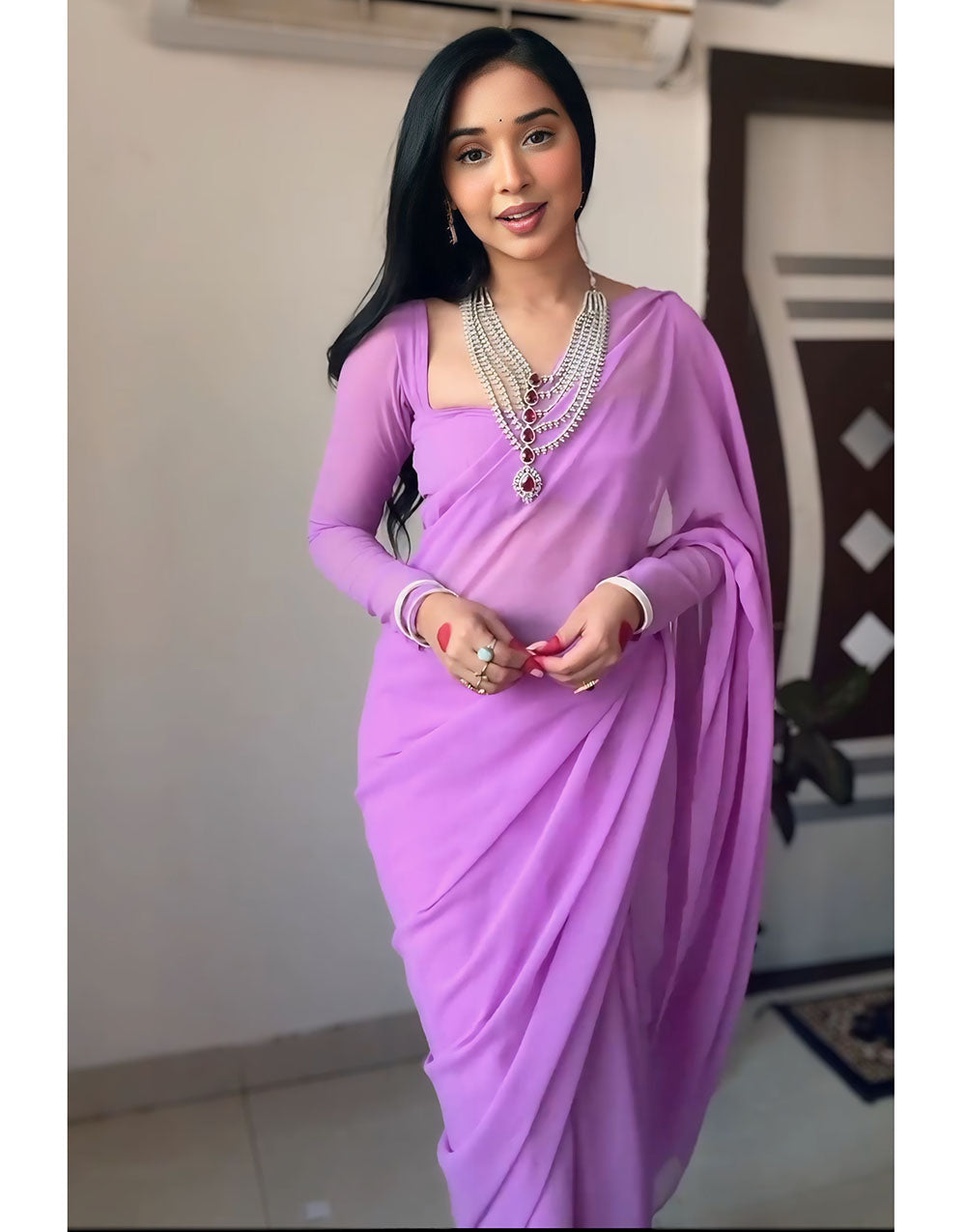 Lavender Pure Soft Georgette Ready To Wear Saree