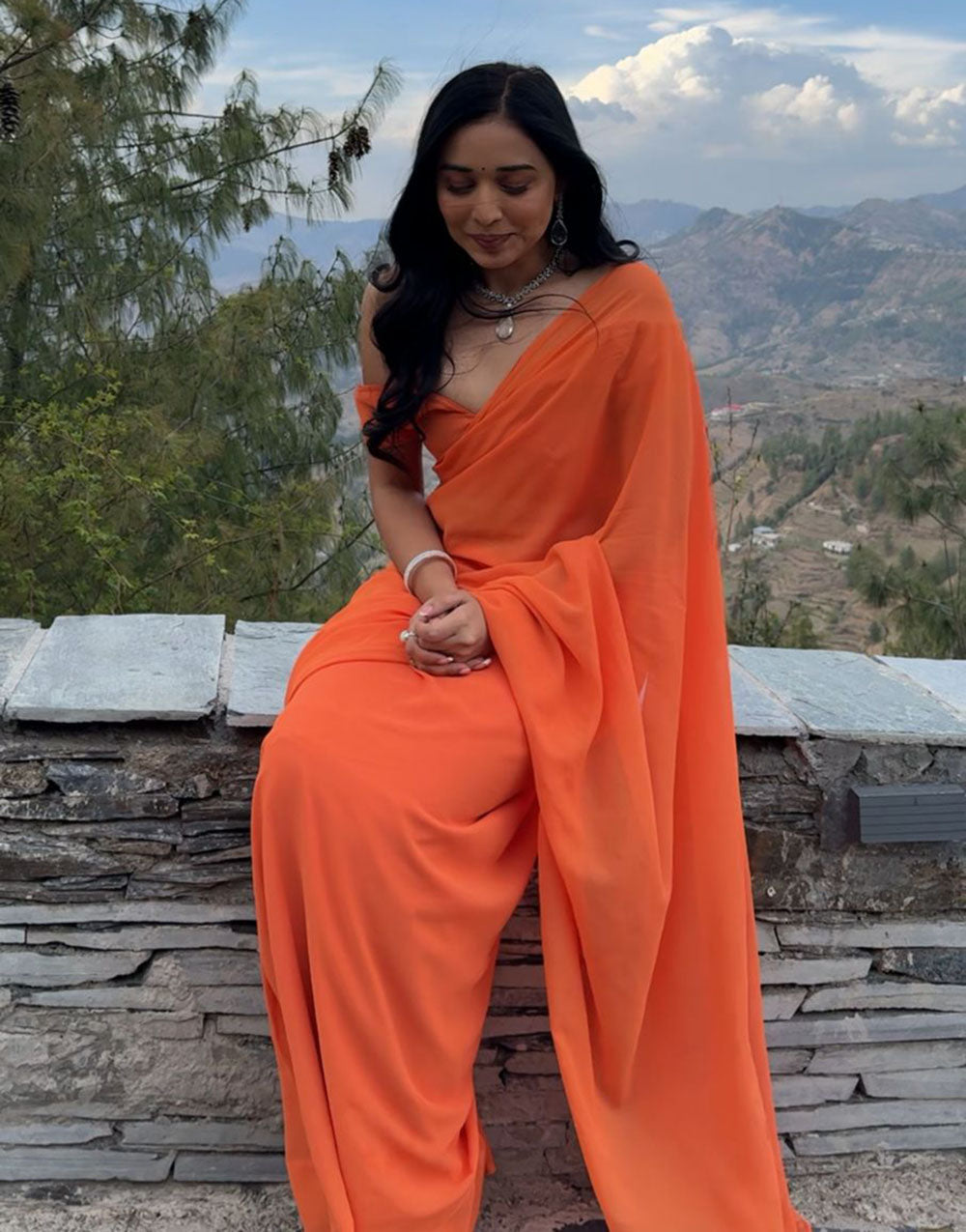 Orange Pure Soft Georgette Ready To Wear Saree