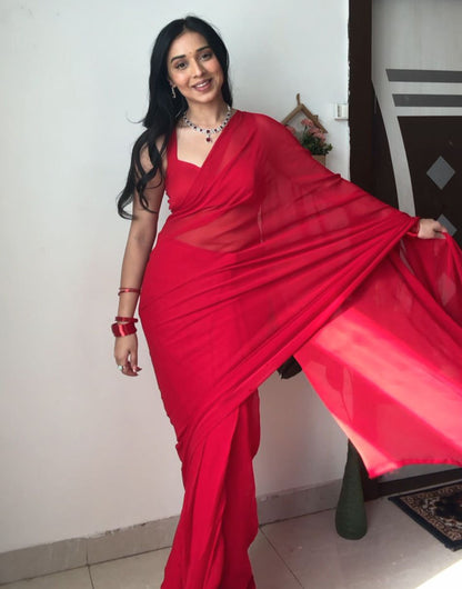 Red Pure Soft Georgette Ready To Wear Saree