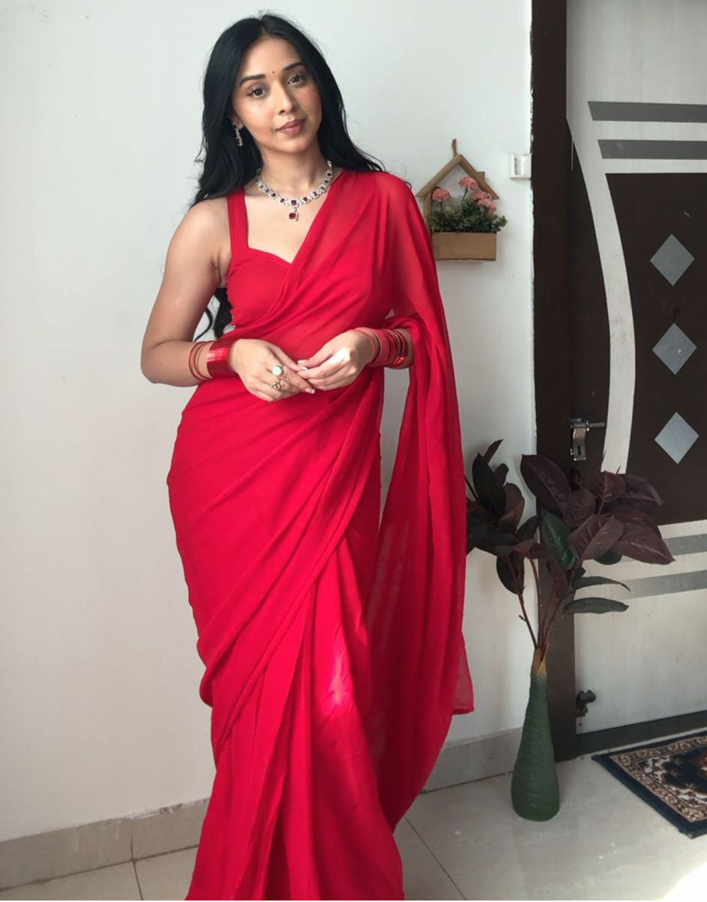 Red Pure Soft Georgette Ready To Wear Saree