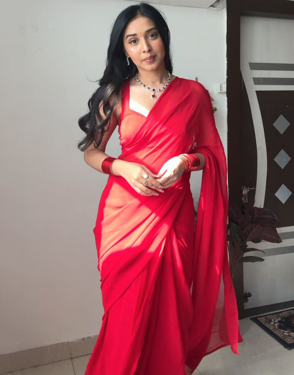 Red Pure Soft Georgette Ready To Wear Saree