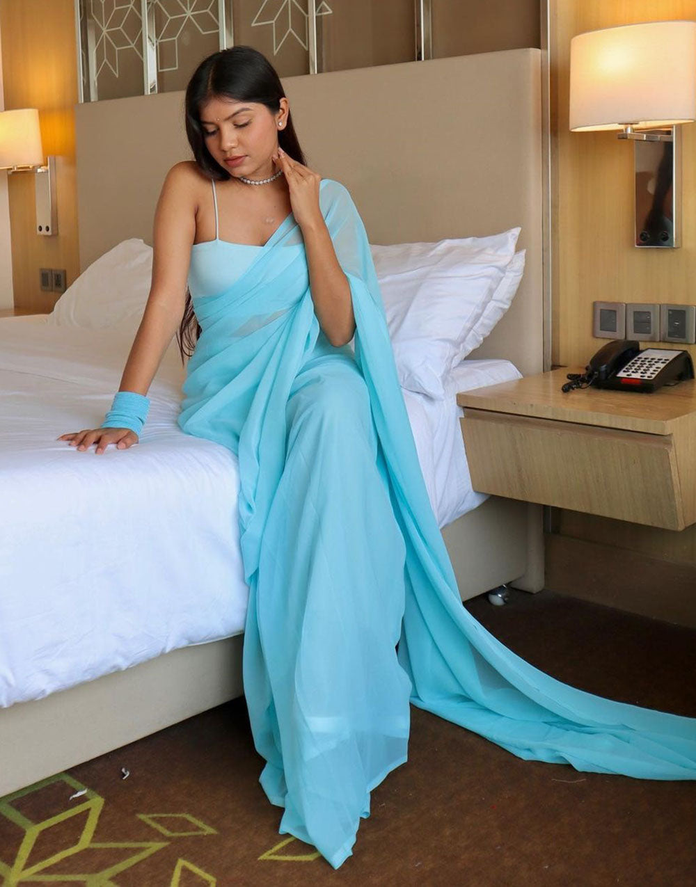 Sky Blue Pure Soft Georgette Ready To Wear Saree