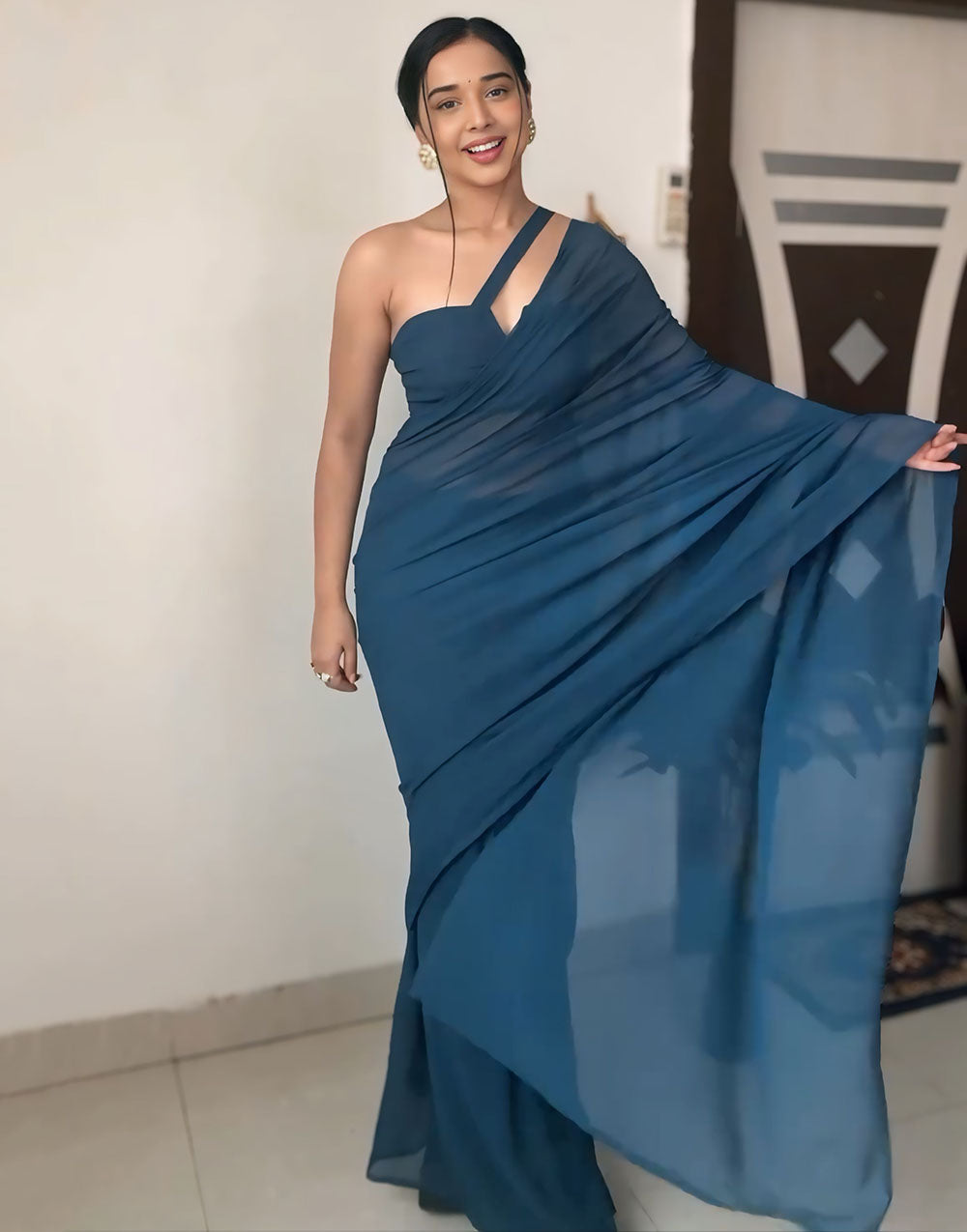 Navy Teal Blue Pure Soft Georgette Ready To Wear Saree