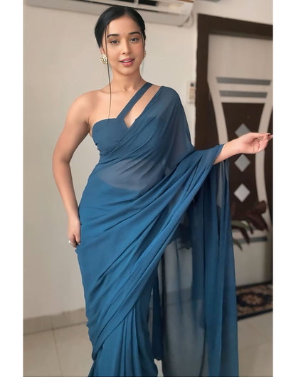 Navy Teal Blue Pure Soft Georgette Ready To Wear Saree