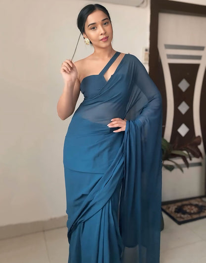 Navy Teal Blue Pure Soft Georgette Ready To Wear Saree