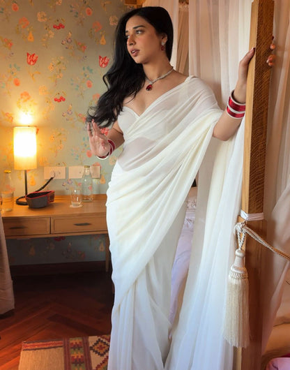 White Pure Soft Georgette Ready To Wear Saree