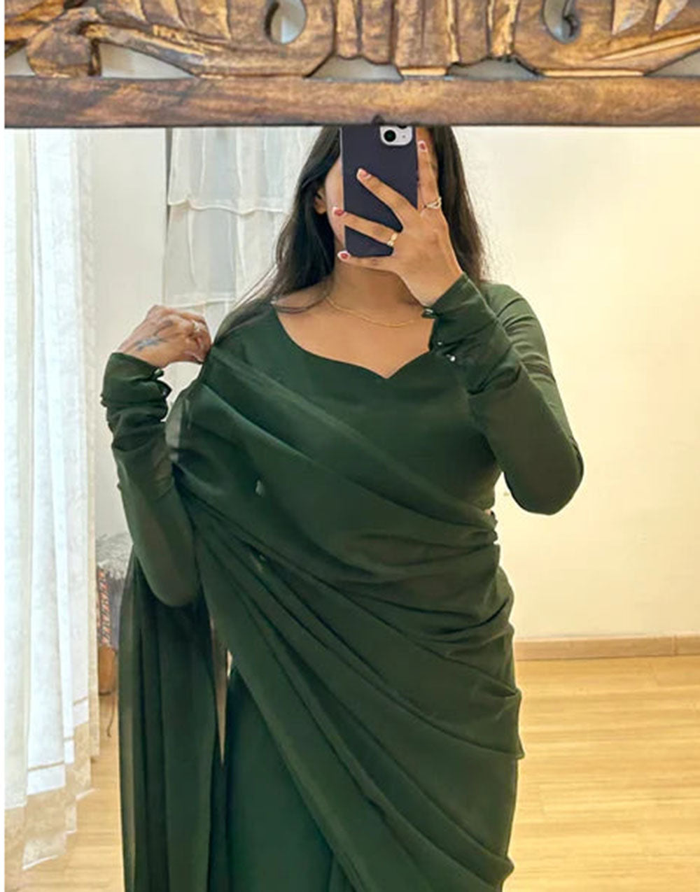 Dark Green Georgette Ready To Wear Saree