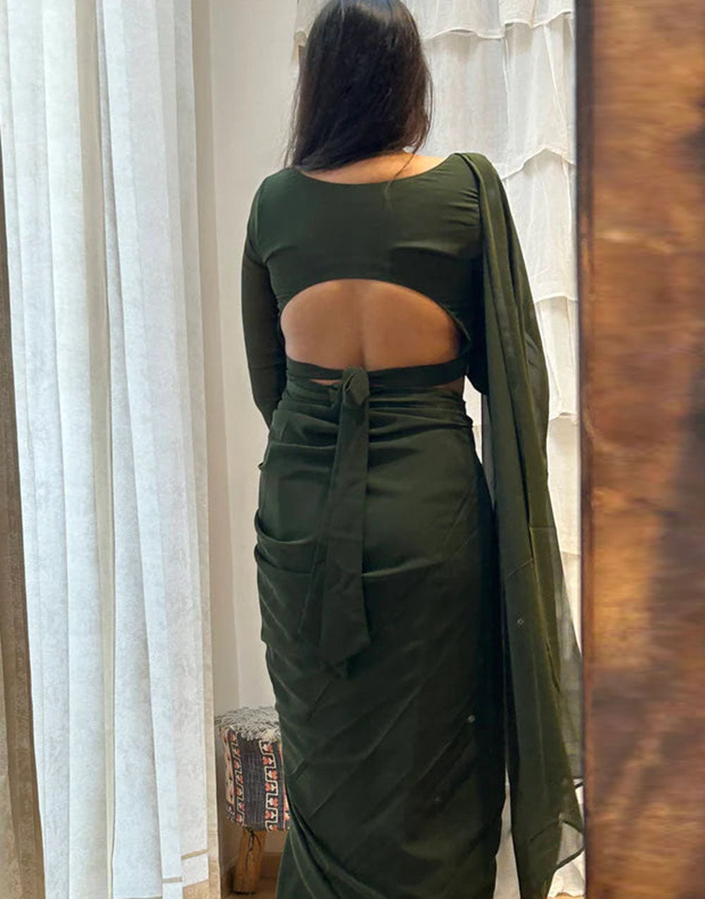 Dark Green Georgette Ready To Wear Saree