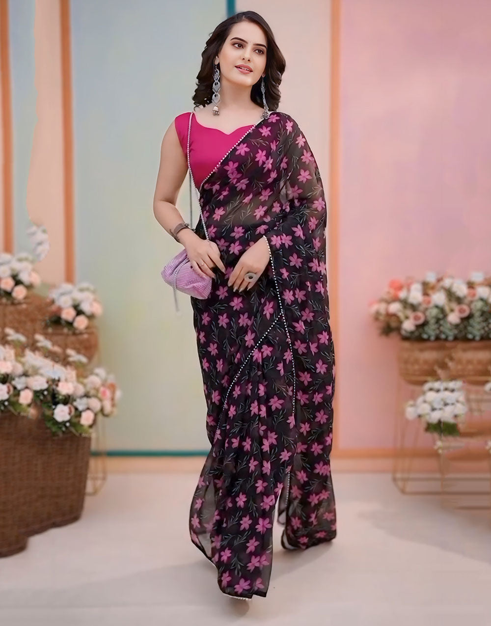 Black Georgette Ready To Wear Saree With Printed Work