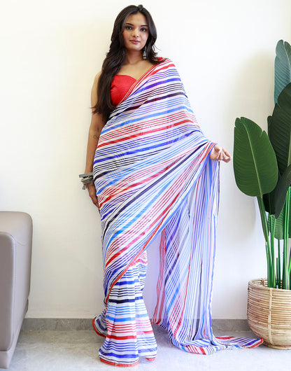 Blue & Red Georgette Ready To Wear Saree With Printed Work