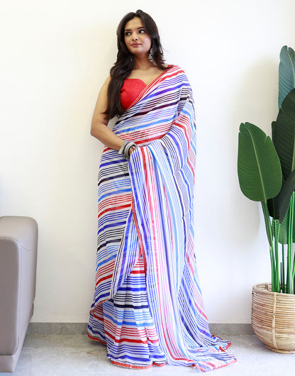 Blue & Red Georgette Ready To Wear Saree With Printed Work